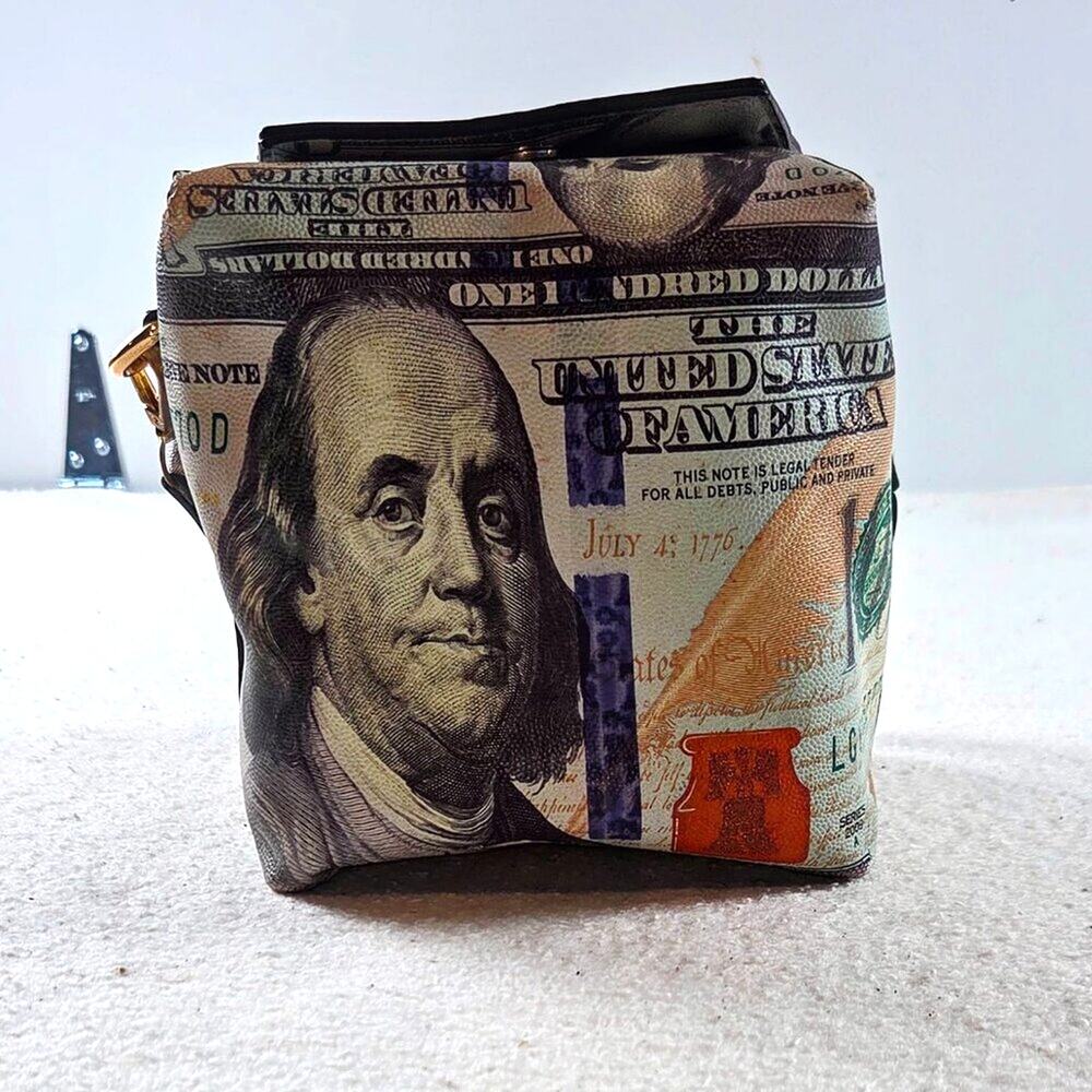$100 Bill Money Print Box Purse Bag Novelty Cube Handbag Benjamin Fran - Picture 3 of 8